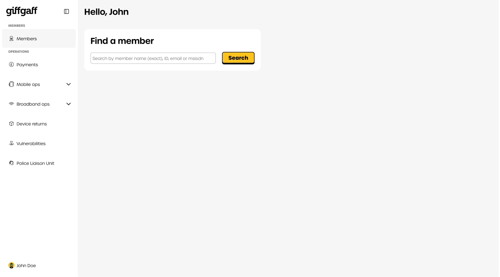 The platform home screen, with a vertical side navigation grouped under Members and Operations, and a Find a member search card