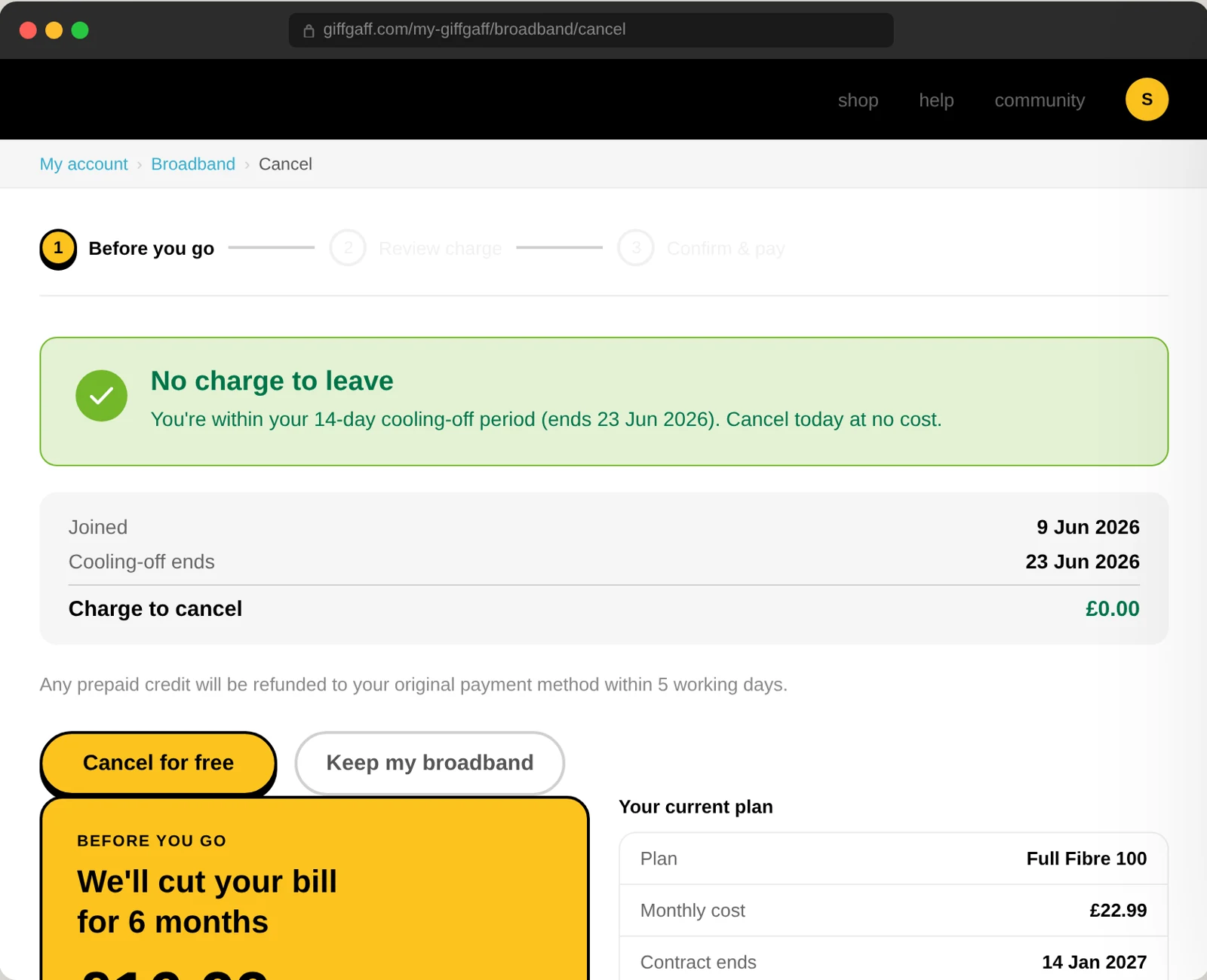Option A: a step-by-step cancel flow showing no charge in the cooling-off period, with a save offer
