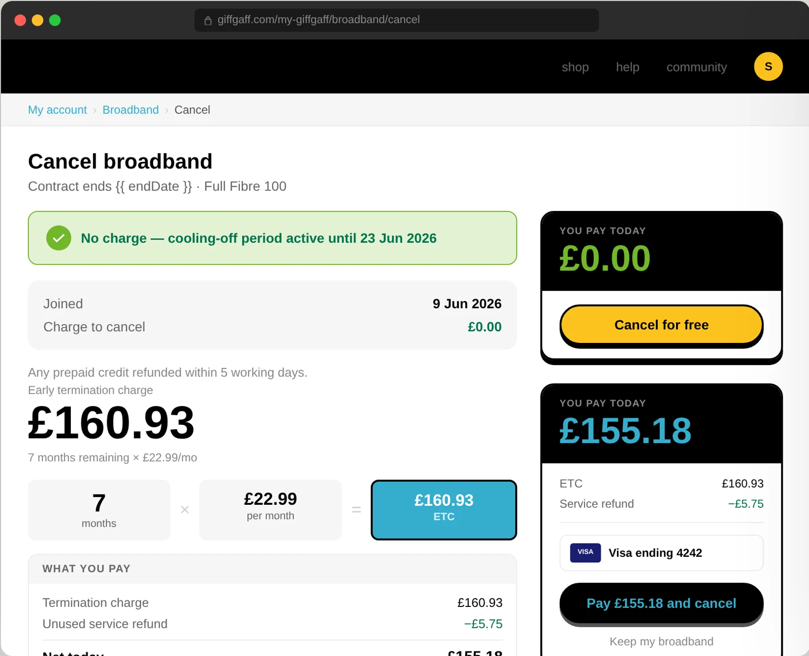 Option B: a single-page cancel flow with the early termination charge breakdown and a sticky payment summary
