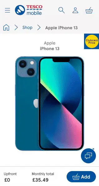 Walkthrough of the Click and Collect prototype, starting on a Tesco Mobile iPhone 13 product page