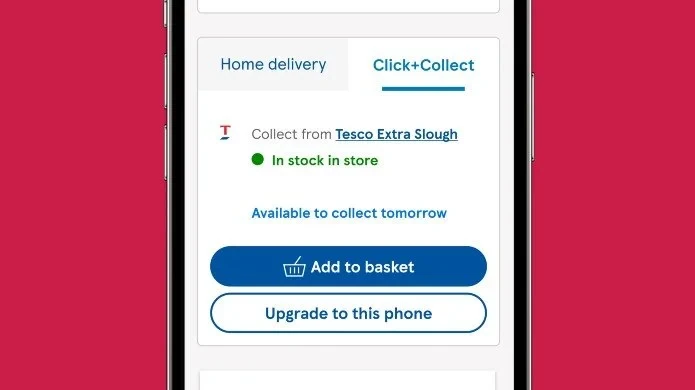 Product page with Home delivery and Click+Collect tabs, showing Collect from Tesco Extra Slough, In stock in store, Available to collect tomorrow, and an Add to basket button