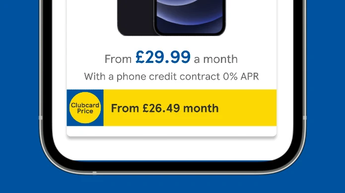 Tesco Mobile product card with a yellow Clubcard Price strip reading From £26.49 a month