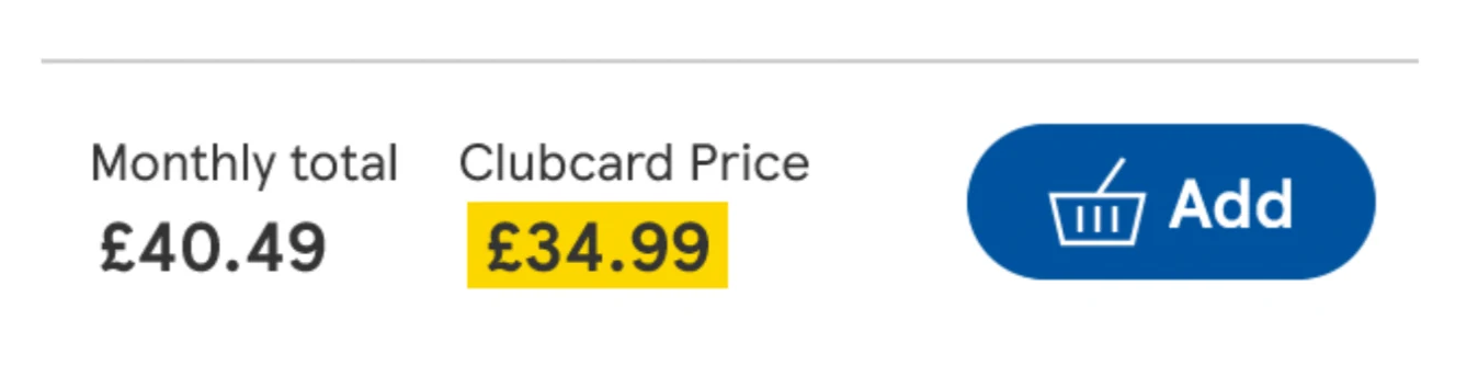 Close-up of the sticky price bar: Monthly total £40.49, Clubcard Price £34.99 highlighted in yellow, and an Add button
