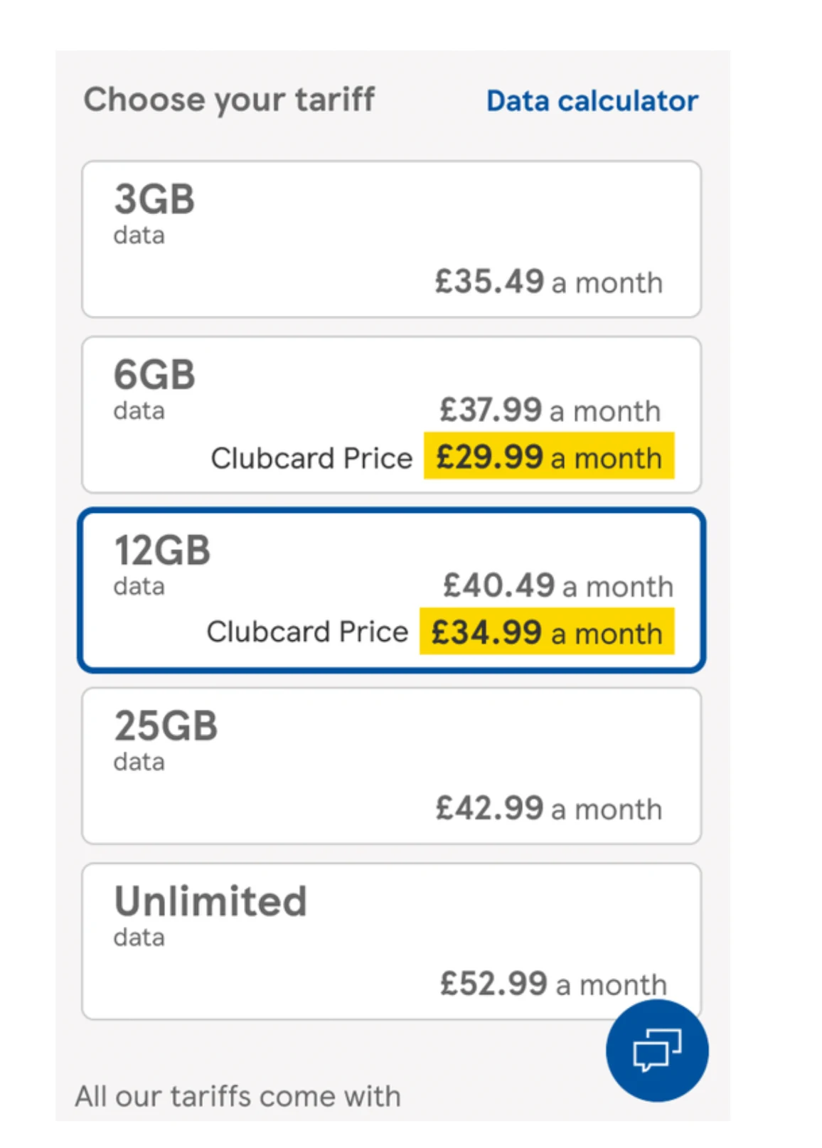 Choose your tariff list with Clubcard Prices on 6GB and 12GB plans