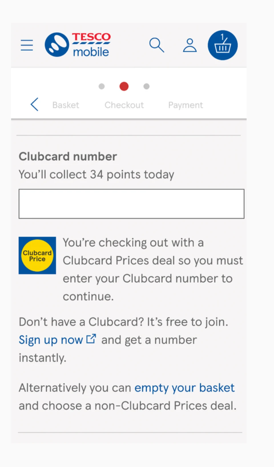 Mobile checkout step with a Clubcard number field, a free sign-up link and an option to choose a non-Clubcard Prices deal