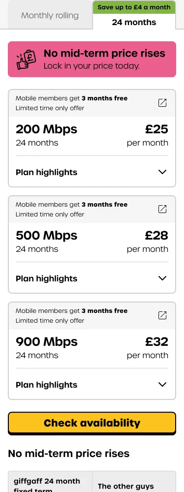 Plan tabs with 24 month cards from £25 and a fixed vs the other guys comparison table
