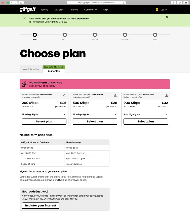 Desktop choose plan page: Monthly rolling and 24 months tabs, price promise banner, three 24 month plan cards and the comparison table