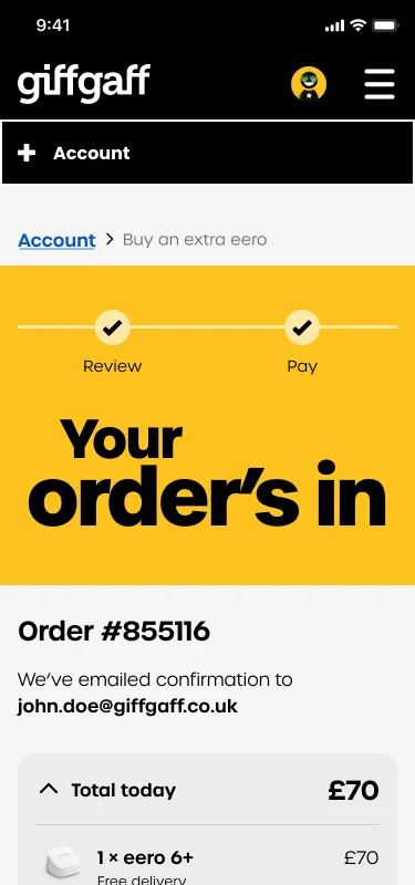 Order confirmed screen