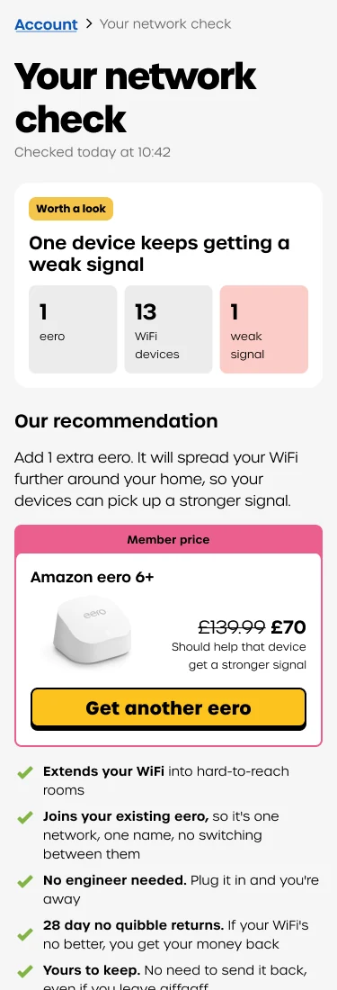 Tested result screen: weak signal summary, then straight to the eero recommendation