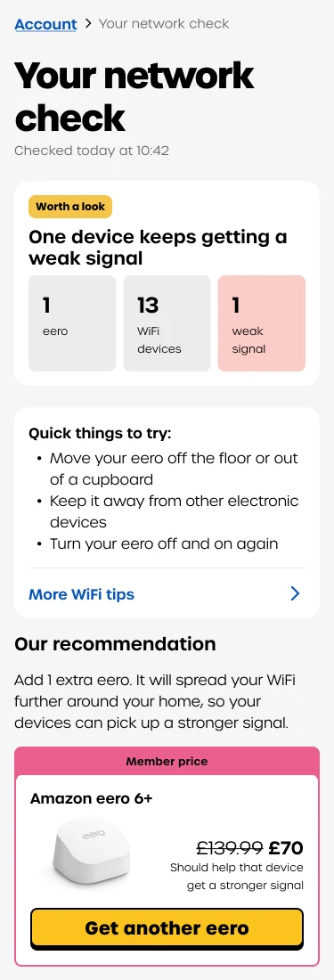 Iterated result screen: weak signal summary, quick things to try, then the eero recommendation